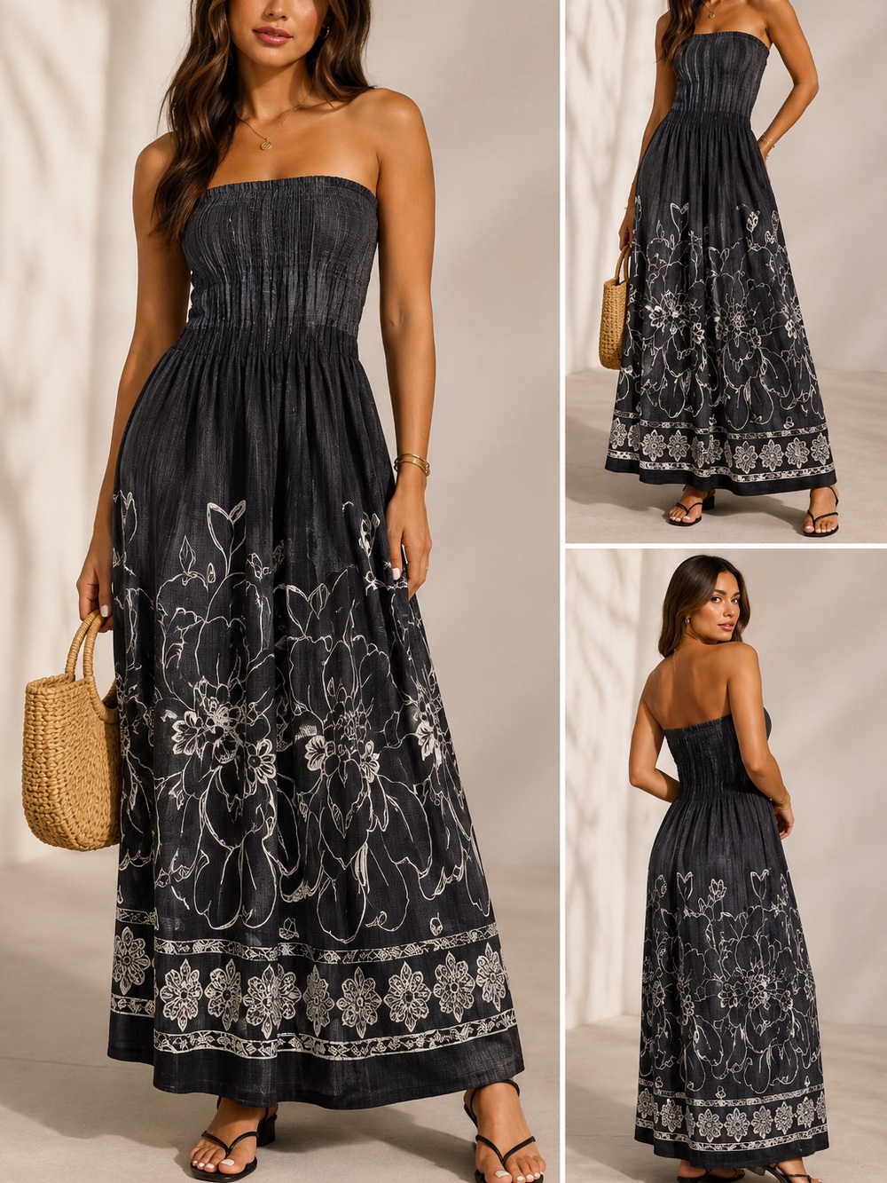 Lapis Strapless Smocked Maxi Dress Black White Floral Boho Resort One Size